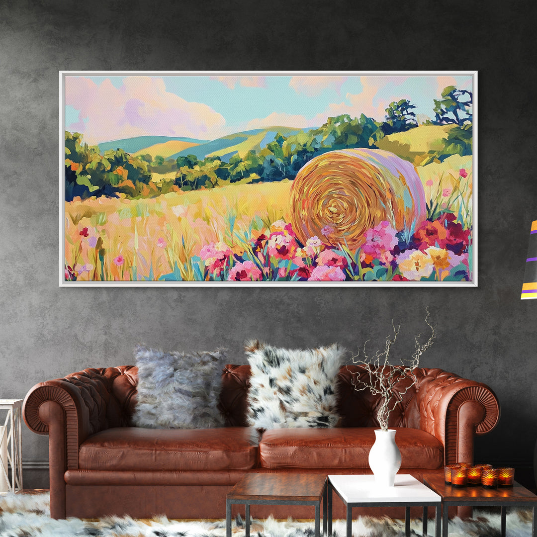 Golden Hay Bale Wildflower Meadow Canvas Print, Country Landscape Wall Art, Farmhouse Decor, Rustic Living Room Art Gift