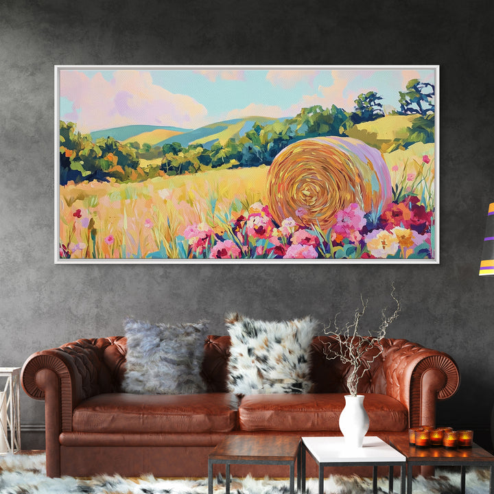 Golden Hay Bale Wildflower Meadow Canvas Print, Country Landscape Wall Art, Farmhouse Decor, Rustic Living Room Art Gift