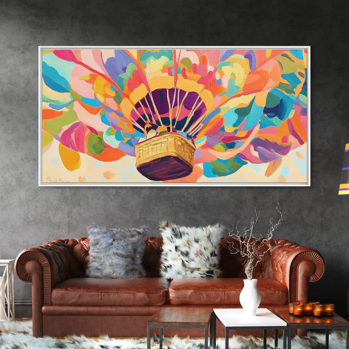 Rainbow Hot Air Balloon Canvas Print, Whimsical Nursery Wall Art, Colorful Dopamine Decor, Kids Room Fantasy Art Gift, Baby Shower