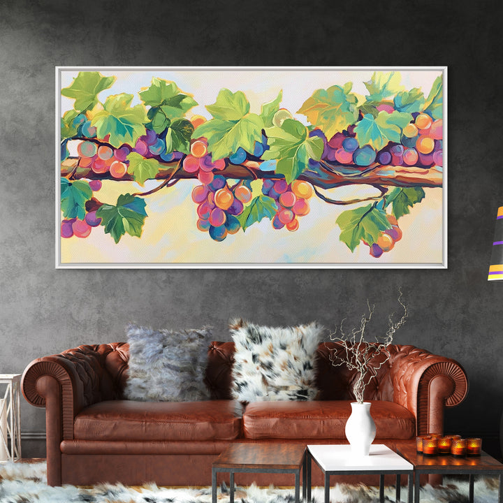 Sunlit Grapes And Green Vine Wall Art, Vineyard Canvas Print, Colorful Kitchen Decor, Rustic Farmhouse Dining Room Prints