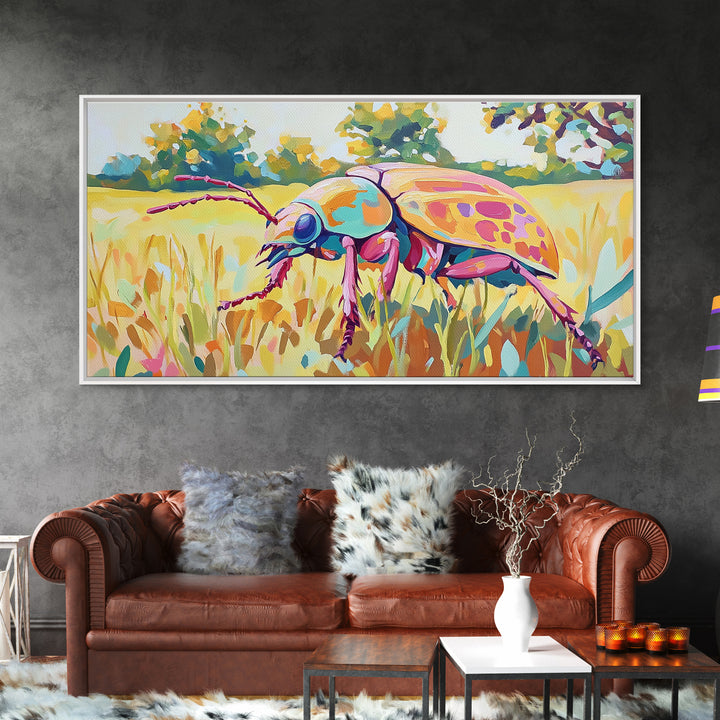 Iridescent Beetle In Golden Meadow Framed Canvas Print, Colorful Insect Wall Art, Nature Inspired Decor, Nature Lover Gift