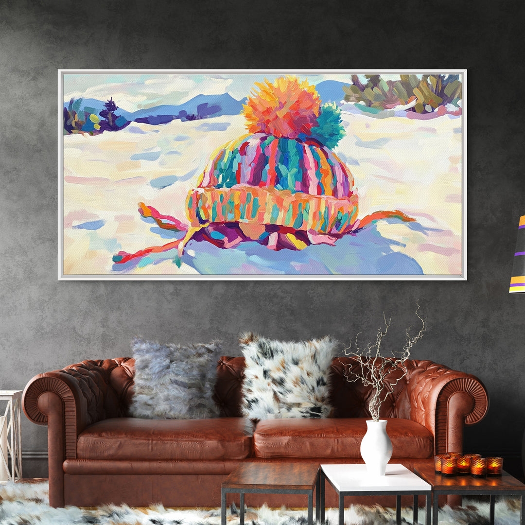 Striped Knit Hat In Snow Canvas Print, Cozy Winter Wall Art, Colorful Nursery Decor, Mountain Landscape, Housewarming Gift
