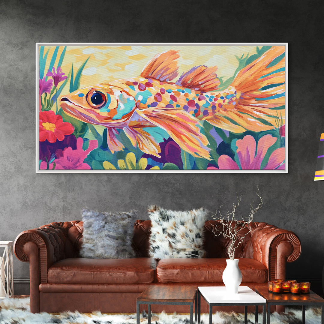 Colorful Goldfish Swimming Through Flowers Canvas Print, Whimsical Animal Wall Art, Ocean Nursery Decor, Bright Bathroom Art