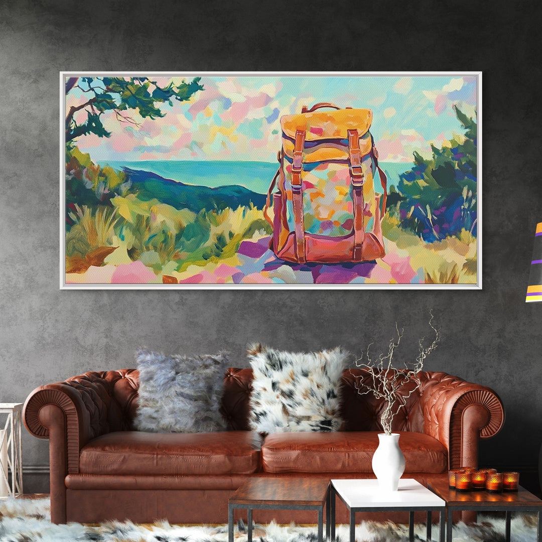 Floral Backpack Coastal Landscape Wall Art, Travel Inspired Art Print, Hiking Gift, Beach House Decor, Modern Nature Wall Decor