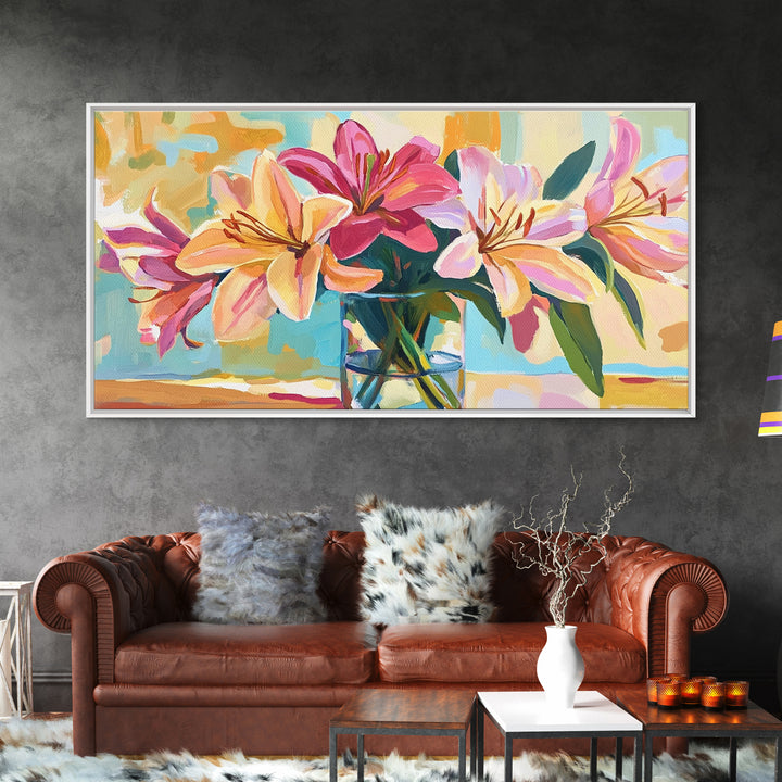 Pink Lilies In Glass Vase Framed Canvas Print, Floral Wall Art, Botanical Decor, Feminine Living Room Wall Decor, Gift For Her