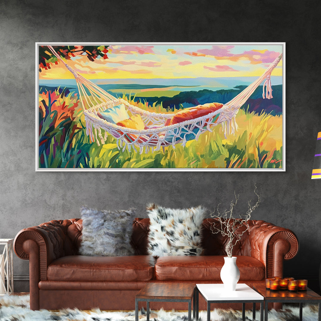 White Hammock By Coastal Meadow Wall Art, Beach House Decor, Relaxing Art Print, Summer Landscape, Above Bed Decor, Living Room Wall Decor