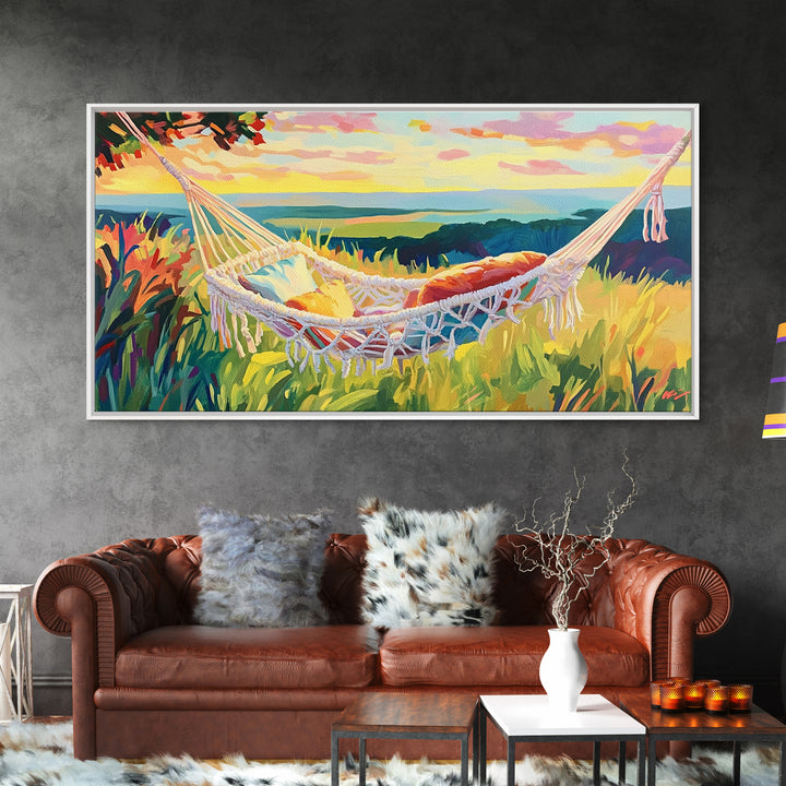 White Hammock By Coastal Meadow Wall Art, Beach House Decor, Relaxing Art Print, Summer Landscape, Above Bed Decor, Living Room Wall Decor