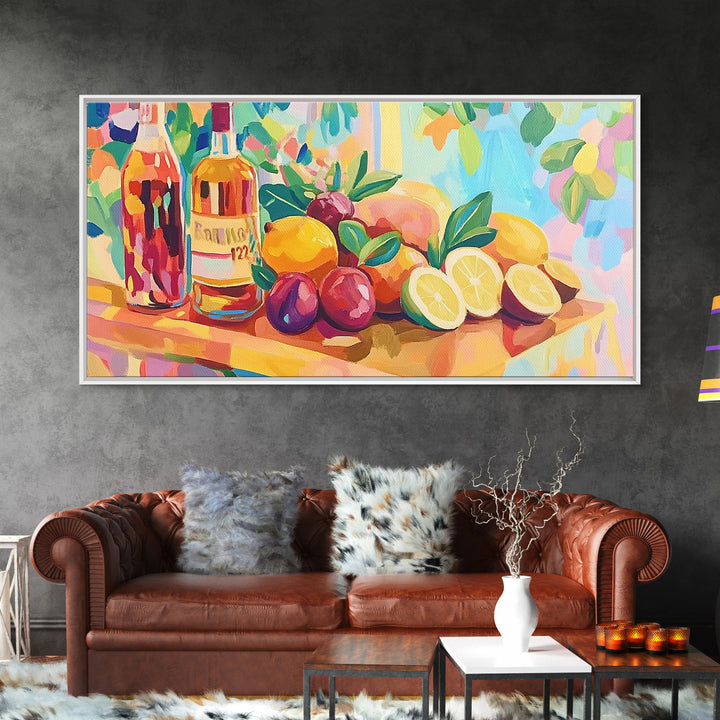 Colorful Citrus And Wine Still Life Canvas Print, Bright Kitchen Wall Art, Fruit Art Print, Dining Room Decor, Housewarming Gift