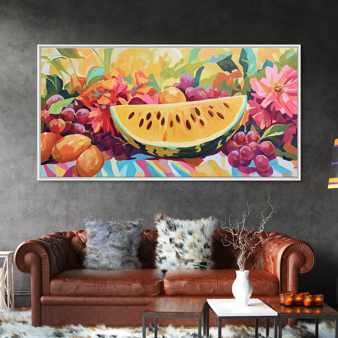 Sunny Watermelon And Summer Fruit Canvas Print, Colorful Kitchen Wall Art, Fruit Still Life, Dining Room Home Decor Gift