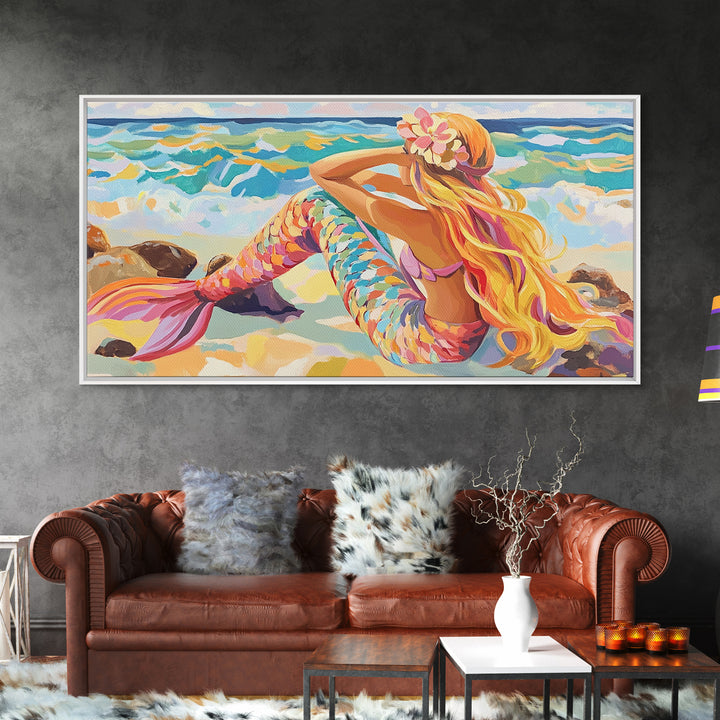 Blonde Mermaid On Sunny Beach Canvas Print, Fantasy Wall Art, Coastal Ocean Decor, Whimsical Nursery Or Bathroom Decor Gift