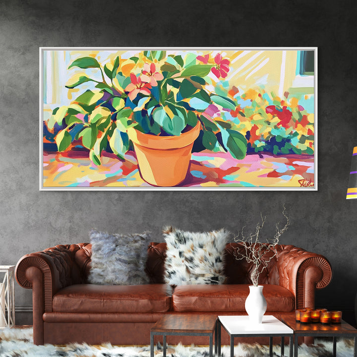 Potted Citrus Tree With Pink Flowers Canvas Print, Botanical Wall Art, Garden Decor, Bright Living Room Home Decor Gift Idea