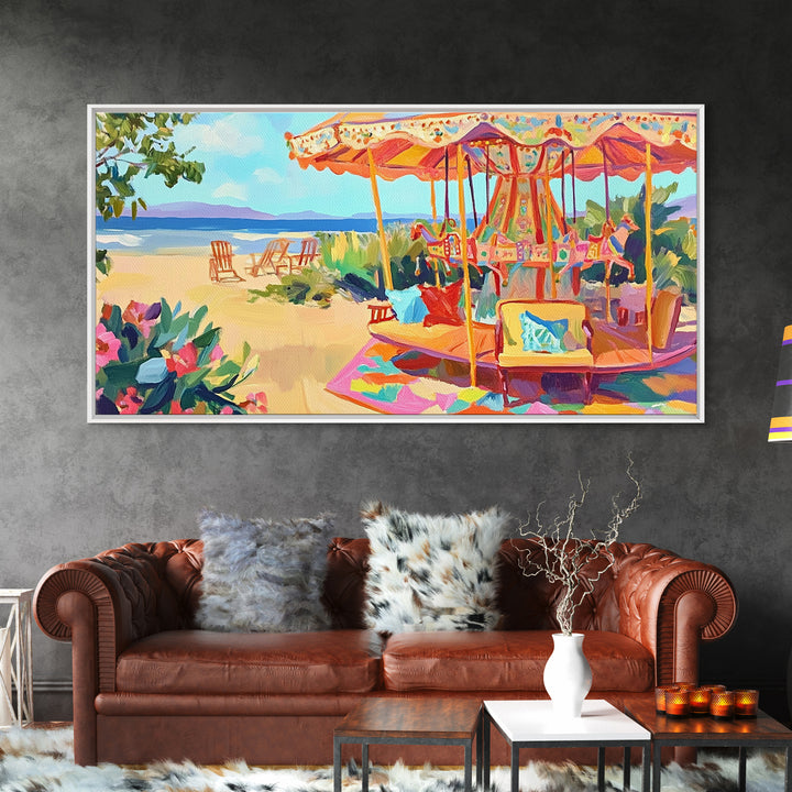 Beachside Carousel With Ocean Chairs Framed Canvas Print, Coastal Wall Art, Summer Beach Decor, Colorful Living Room Art