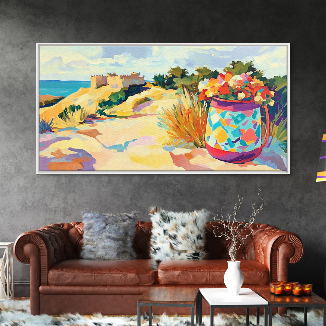 Seaside Dunes Castle And Mosaic Flower Pot Canvas Print, Coastal Wall Art, Beach House Decor, Summer Landscape Art Print