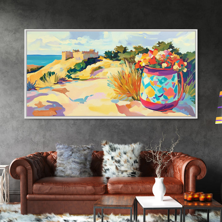 Seaside Dunes Castle And Mosaic Flower Pot Canvas Print, Coastal Wall Art, Beach House Decor, Summer Landscape Art Print