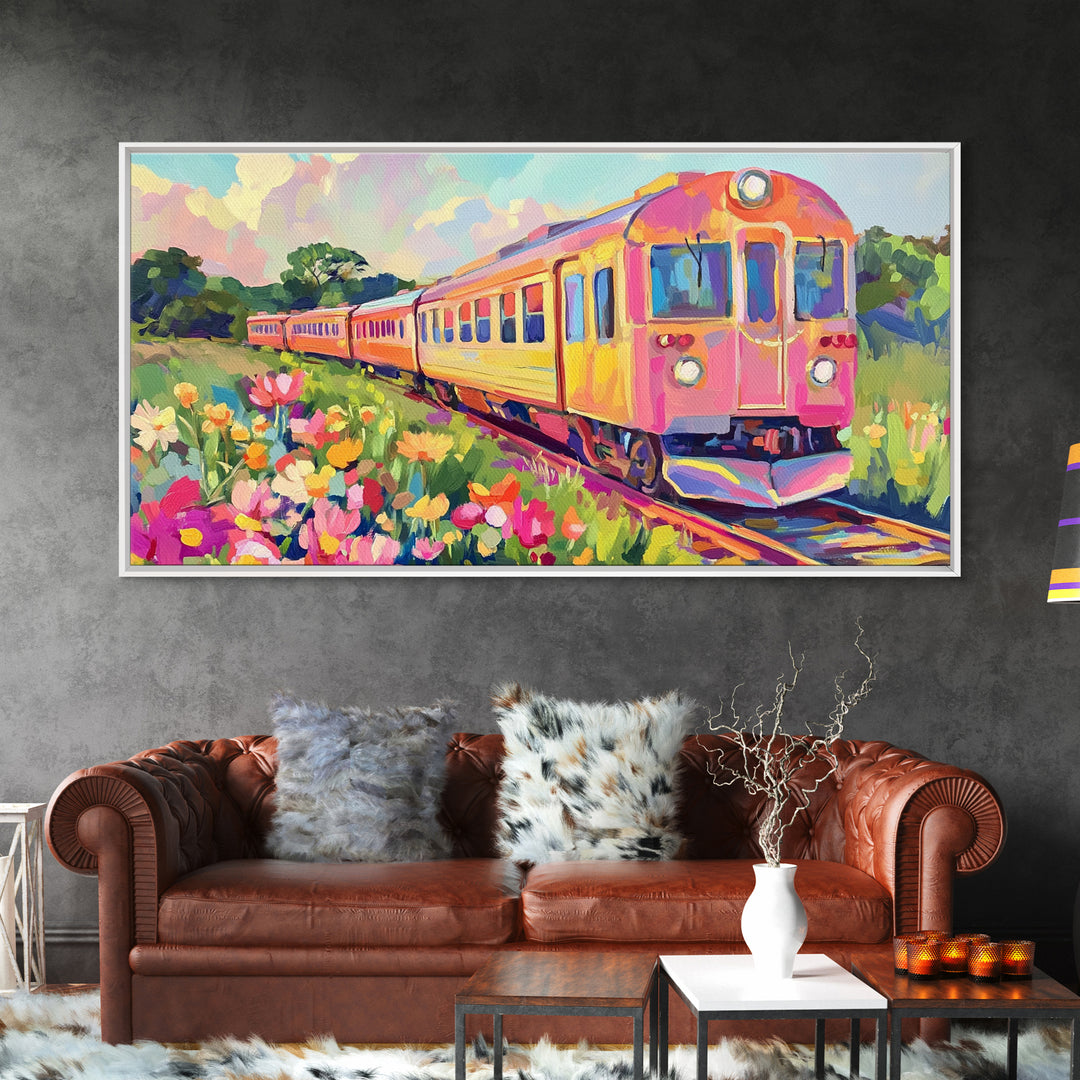 Pink Yellow Train Through Wildflower Meadow Framed Canvas Print, Colorful Wall Art, Travel Decor, Modern Landscape Art Print
