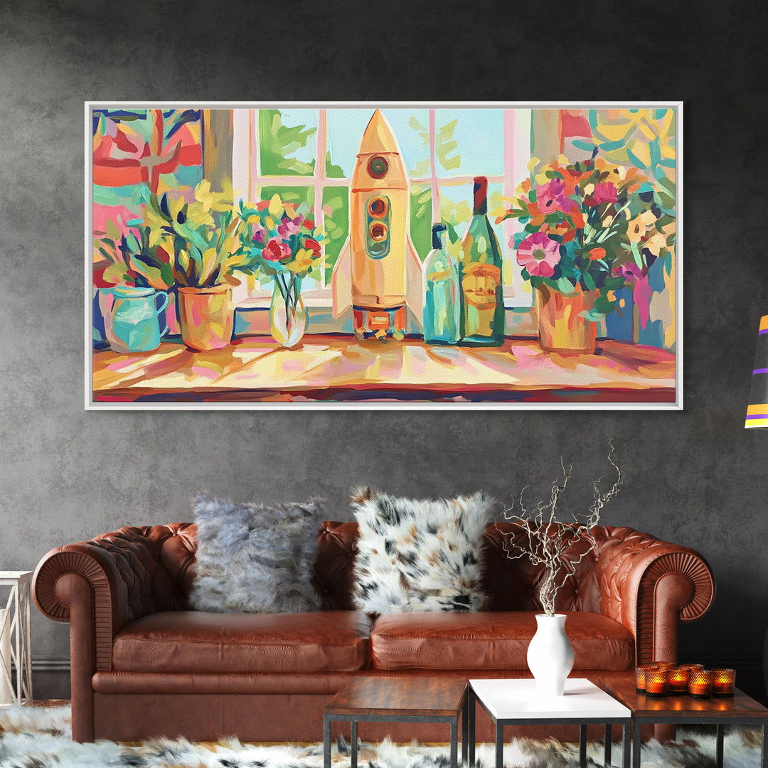 Retro Rocket On Sunny Windowsill With Plants Canvas Print, Space Wall Art, Kids Room Decor, Colorful Nursery Art Print Gift