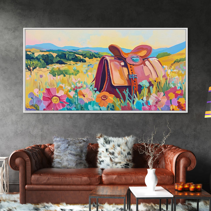 Western Saddle In Wildflower Meadow Wall Art, Cowgirl Canvas Print, Colorful Landscape Art, Rustic Ranch Home Decor Gift