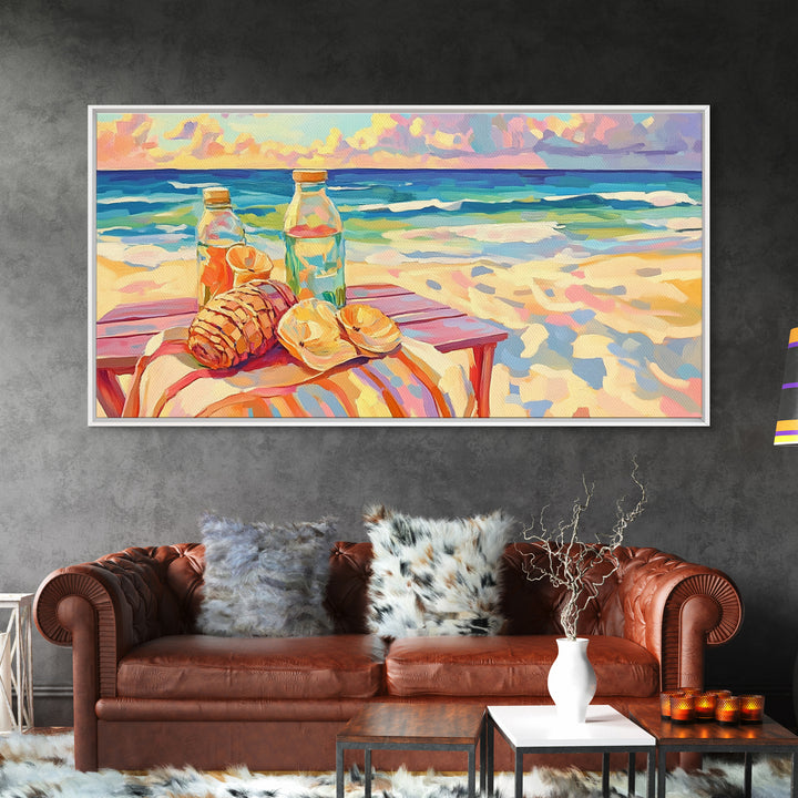 Beach Picnic With Croissants And Bottles Canvas Print, Coastal Wall Art, Ocean Seascape Art, Summer Kitchen Decor Gift For Her