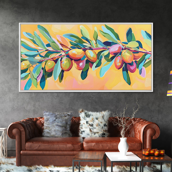 Olive Branch With Green Leaves And Golden Fruit Wall Art, Mediterranean Canvas Print, Botanical Kitchen Decor Gift For Her