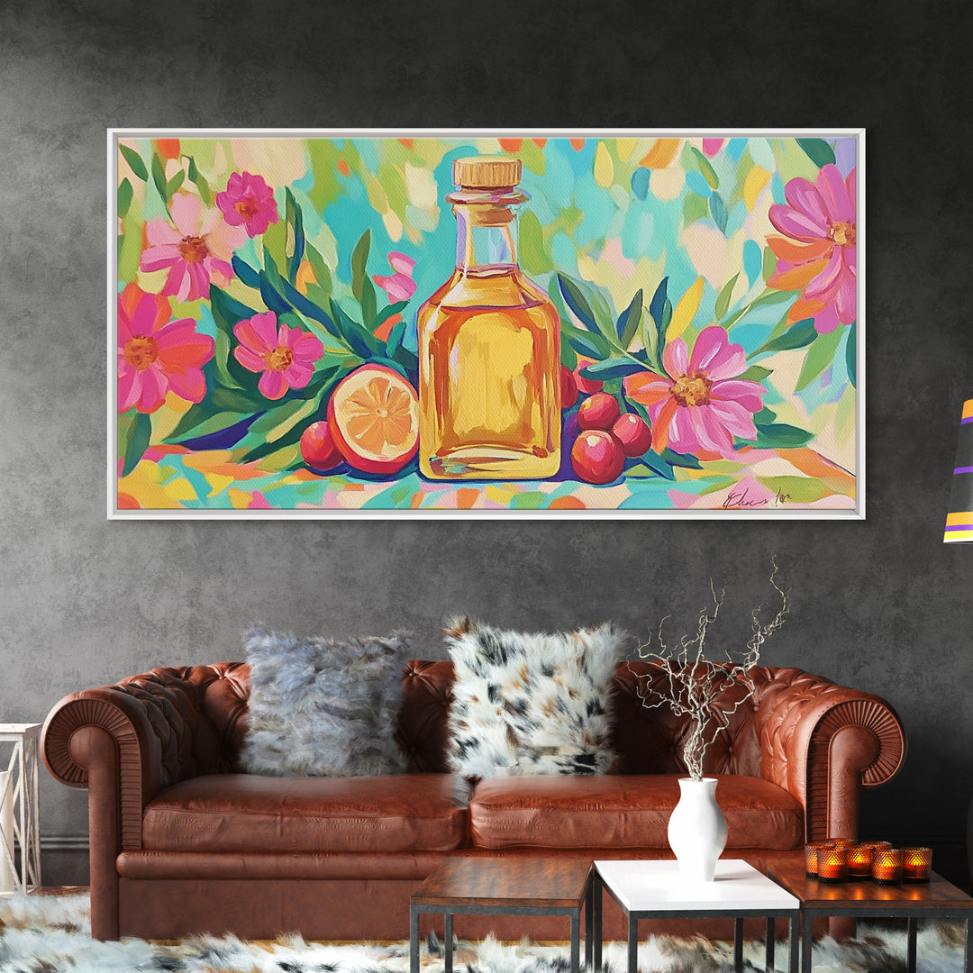 Olive Oil Bottle With Lemon And Pink Flowers Canvas Print, Mediterranean Wall Art, Botanical Kitchen Home Decor Gift For Her