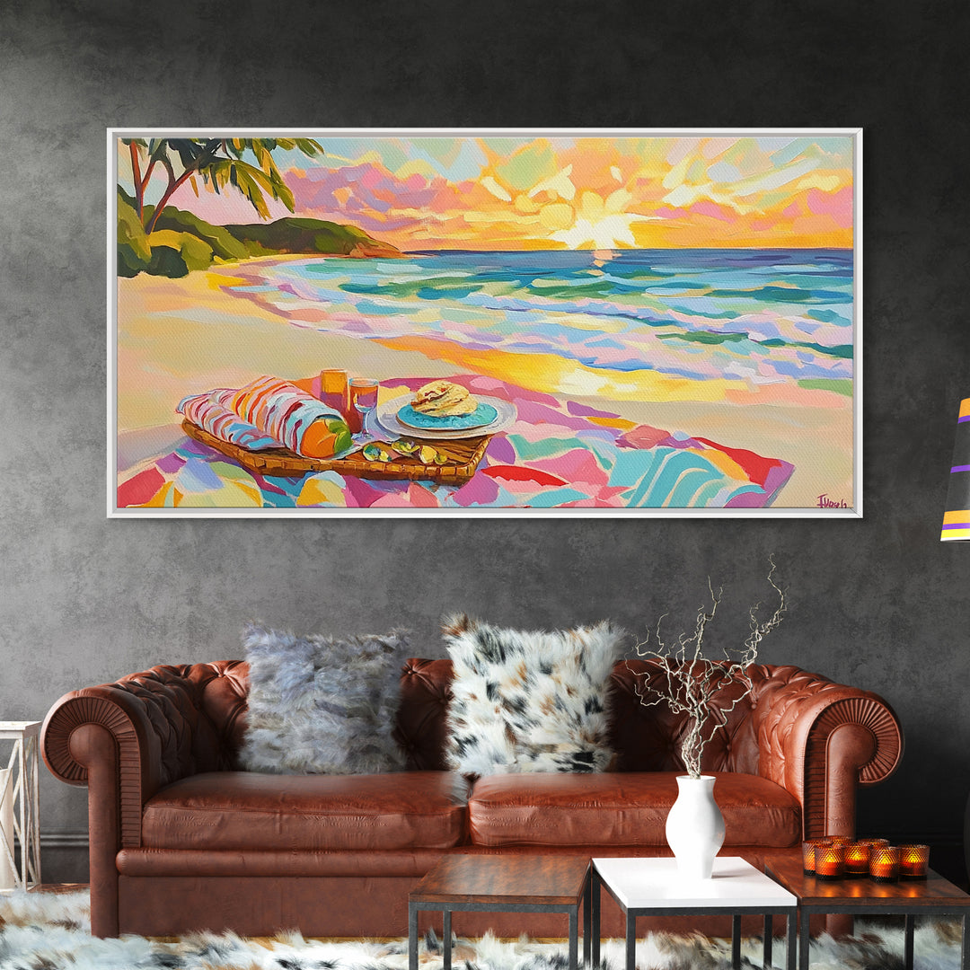 Tropical Beach Picnic At Sunset Canvas Print, Coastal Wall Art, Ocean Decor, Beach House Decor, Summer Wall Art, Gift For Her