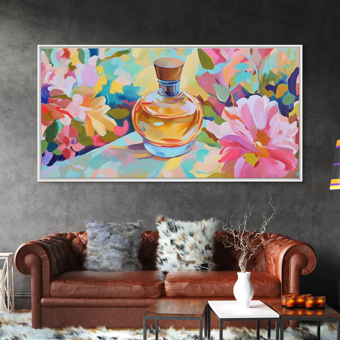 Elegant Perfume Bottle With Pink Daisy Canvas Print, Feminine Wall Art, Floral Wall Decor, Gift For Her, Romantic Decor Print