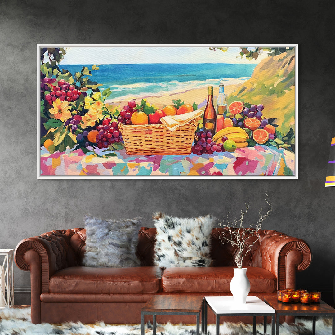 Seaside Picnic Basket Framed Canvas Print, Coastal Wall Art, Fruit And Wine Still Life, Beach House Kitchen Decor Gift For Her