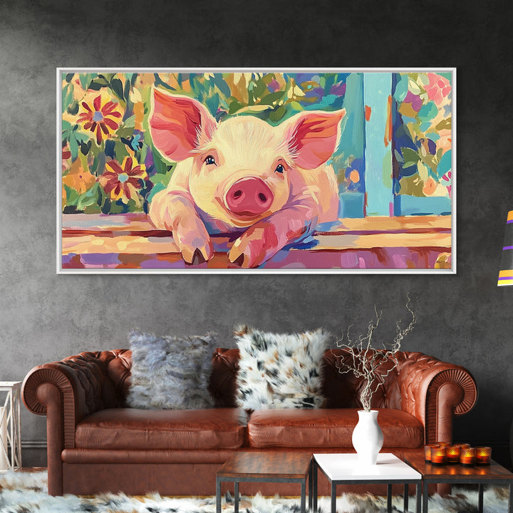 Piglet At Garden Fence Framed Canvas Print, Cute Farm Animal Wall Art, Floral Farmhouse Home And Nursery Decor, Gift For Her