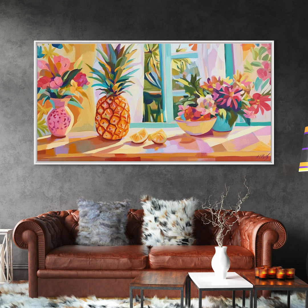 Pineapple And Tropical Flowers Canvas Print, Colorful Kitchen Wall Art, Summer Fruit Still Life, Coastal Home Decor Gift