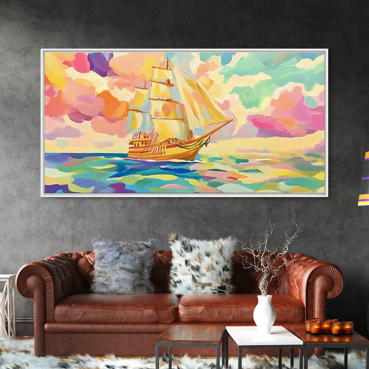 Pastel Sailboat On Turquoise Sea Canvas Print, Coastal Wall Art, Nautical Decor, Ocean Landscape, Beach House Gift For Living Room