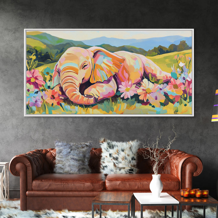 Sleeping Baby Elephant In Flower Meadow Framed Canvas Print, Safari Nursery Wall Art, Whimsical Animal Art, Kids Room Decor