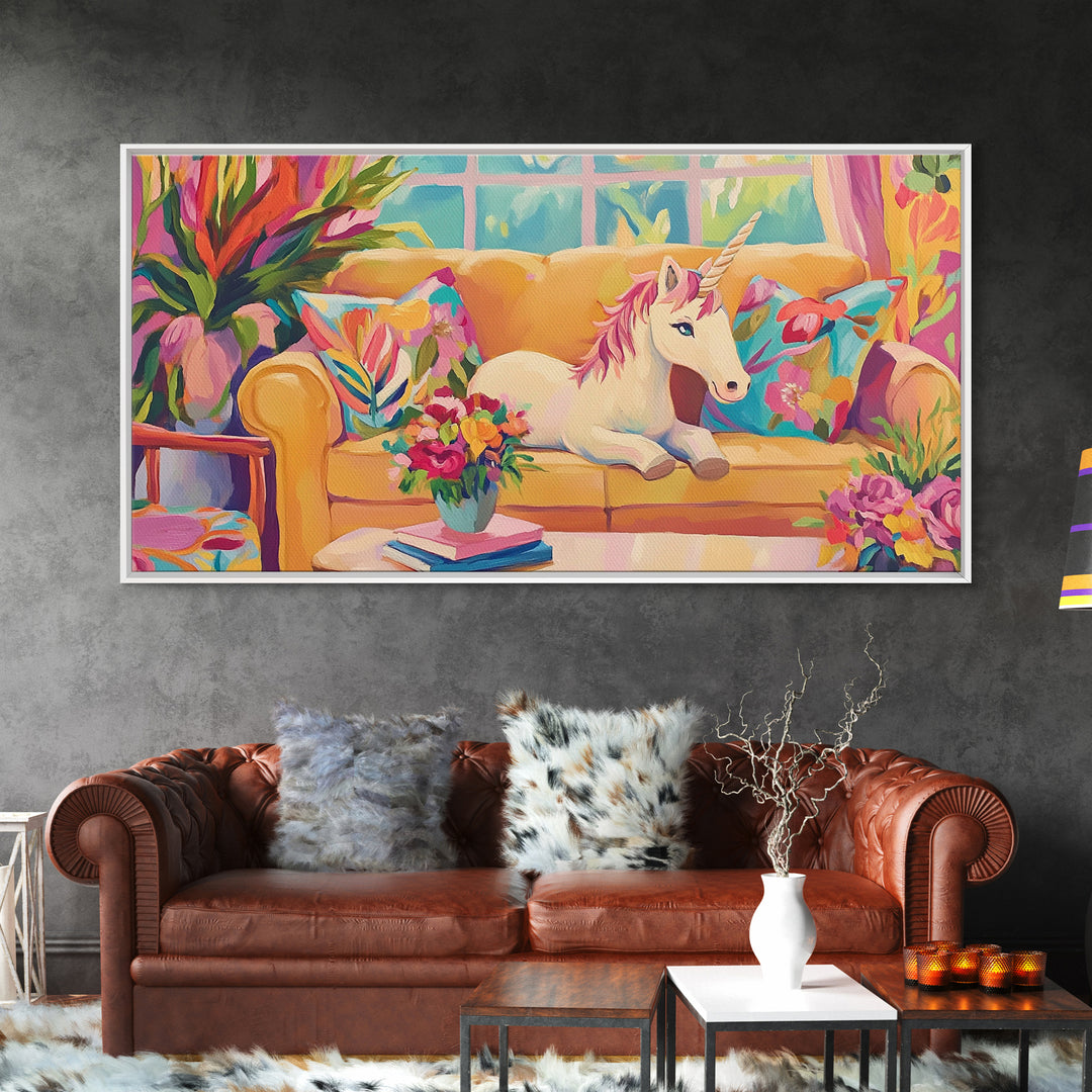 White Unicorn Lounging On Yellow Sofa Wall Art, Whimsical Nursery Art Print, Girls Room Decor, Fantasy Home Decor, Unique Gift