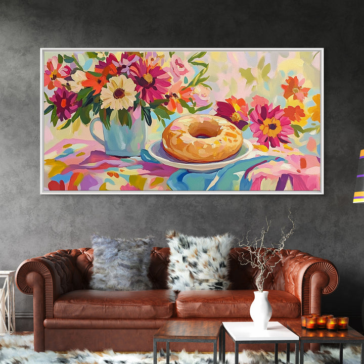 Glazed Donut And Garden Flowers Canvas Print, Bakery Wall Art, Cheerful Kitchen Decor, Colorful Breakfast Nook Art, Housewarming Gift