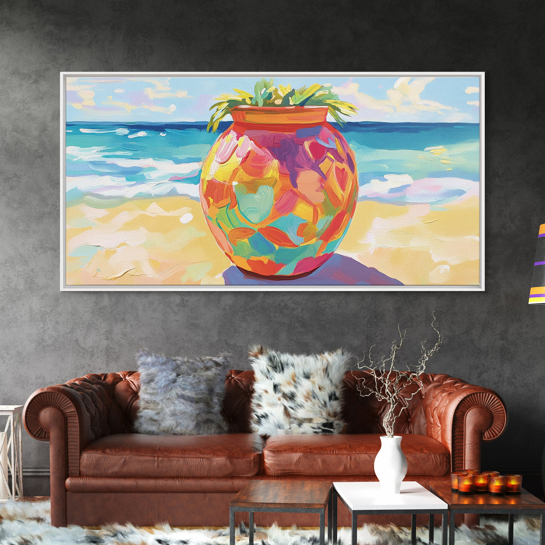 Painted Beach Planter With Ocean View Canvas Print, Coastal Wall Art, Tropical Beach House Decor, Colorful Summer Art Gift