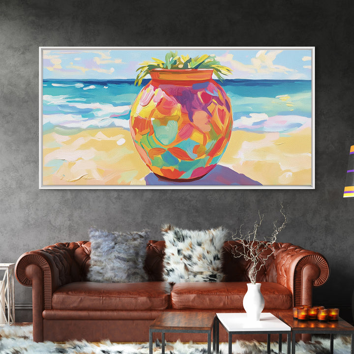 Painted Beach Planter With Ocean View Canvas Print, Coastal Wall Art, Tropical Beach House Decor, Colorful Summer Art Gift
