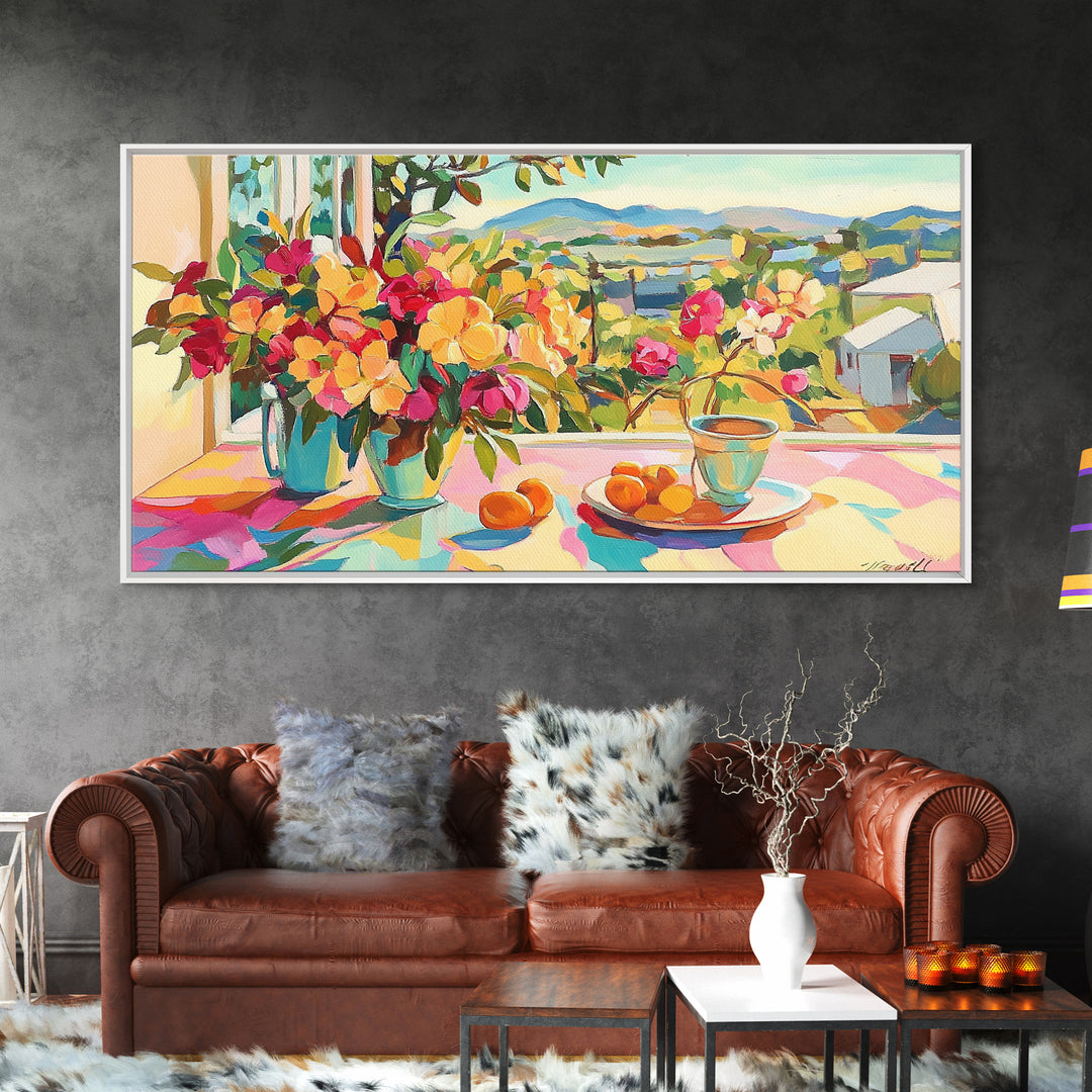 Sunny Terrace Flowers And Citrus Canvas Print, Mediterranean Wall Art, Italian Countryside Decor, Colorful Dining Room Print