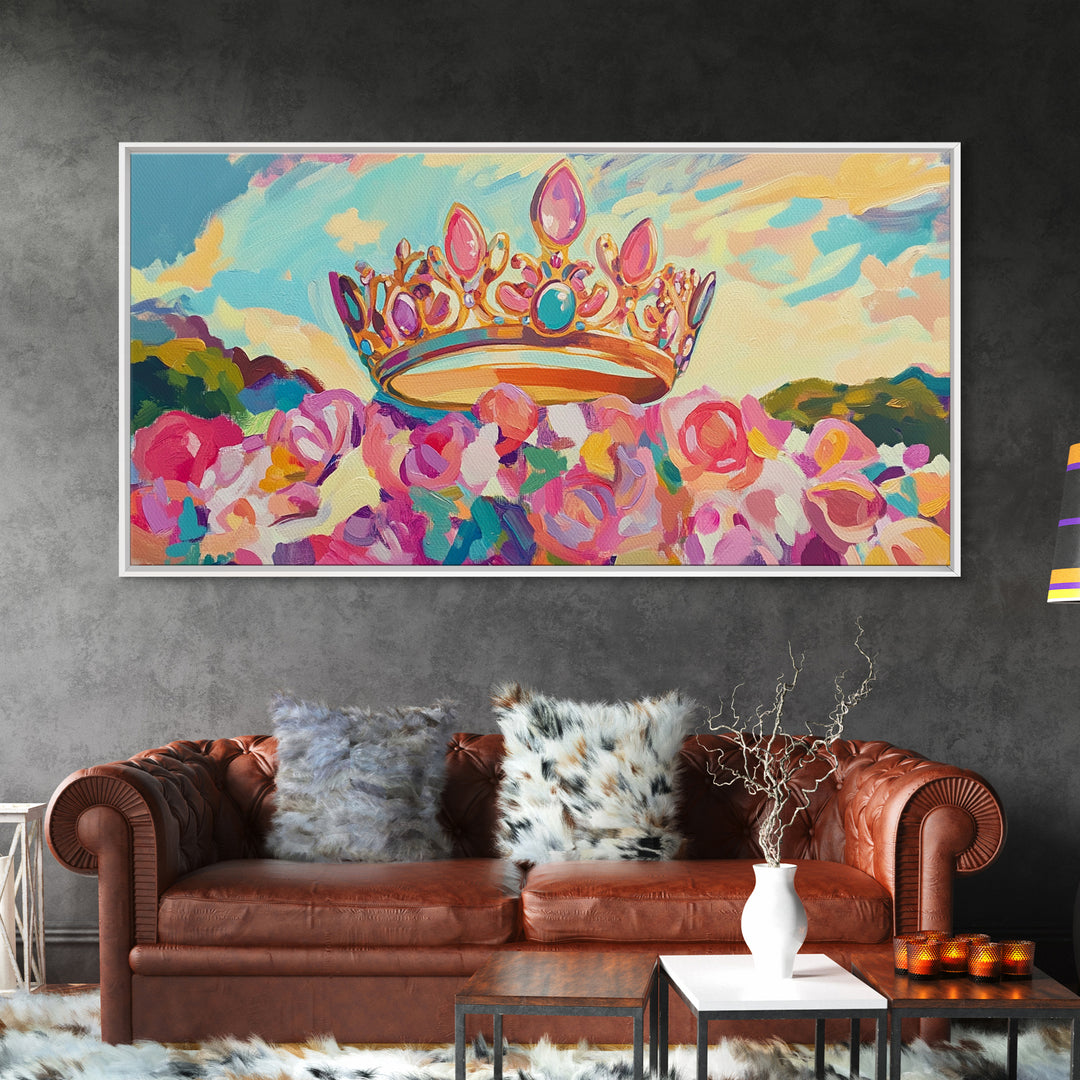 Jeweled Crown Over Pink Roses Canvas Print, Magical Princess Wall Art, Fairytale Nursery Decor, Whimsical Girls Room Gift