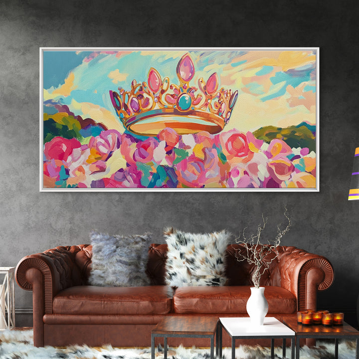 Jeweled Crown Over Pink Roses Canvas Print, Magical Princess Wall Art, Fairytale Nursery Decor, Whimsical Girls Room Gift