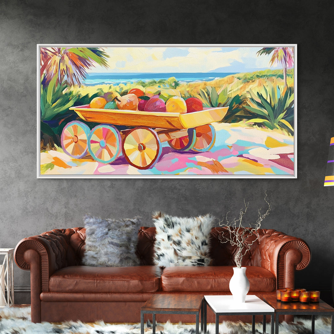 Tropical Fruit Cart By The Sea Canvas Print, Coastal Wall Art, Tropical Beach House Decor, Colorful Summer Kitchen Art Gift