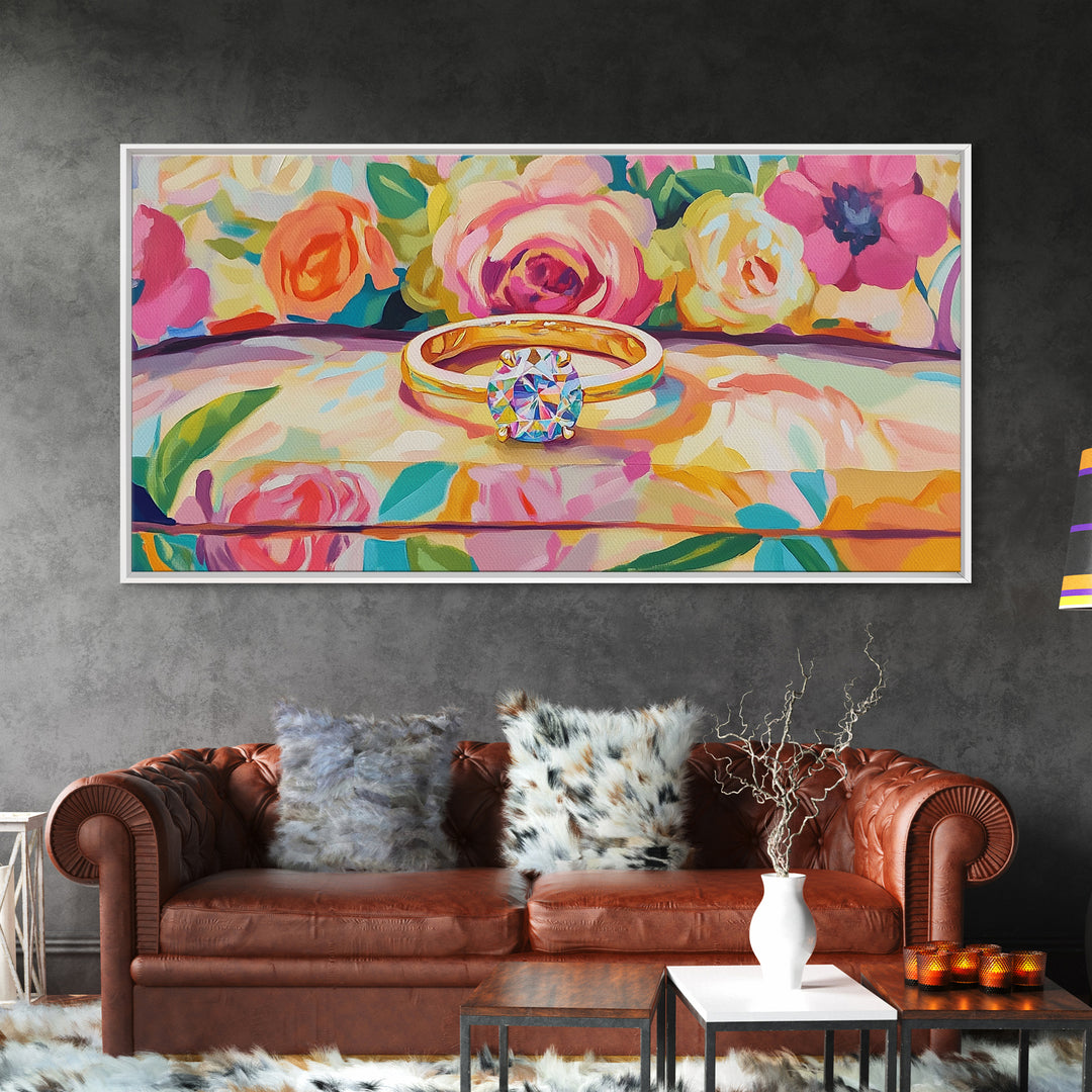Diamond Engagement Ring With Roses Framed Canvas Print, Romantic Wall Art, Floral Wall Decor, Anniversary Wedding Gift For Her