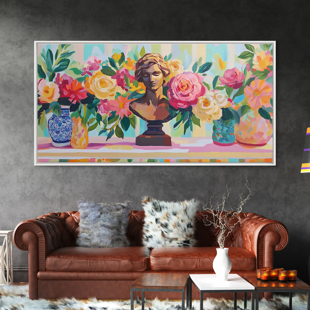 Classical Bust With Roses Framed Canvas Print, Floral Wall Art, Romantic Garden Decor, Feminine Living Room Art Gift For Her