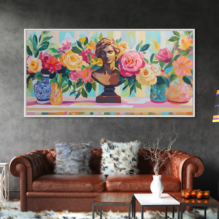 Classical Bust With Roses Framed Canvas Print, Floral Wall Art, Romantic Garden Decor, Feminine Living Room Art Gift For Her