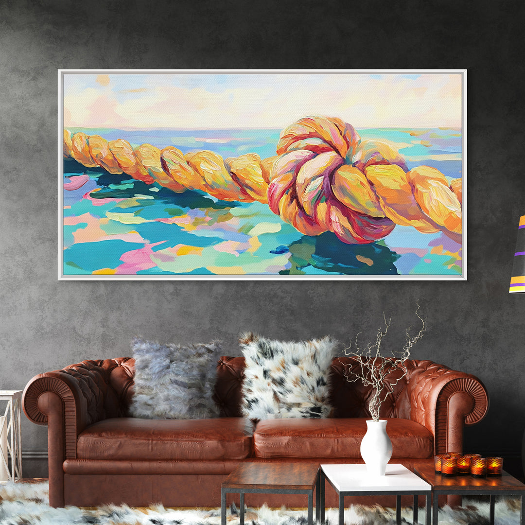 Nautical Rope Knot By Blue Sea Canvas Print, Coastal Wall Art, Ocean Beach House Decor, Lake House Living Room Decor Gift