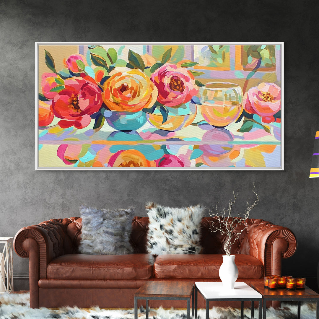 Pink Roses And White Wine Framed Canvas Print, Floral Still Life Wall Art, Romantic Kitchen Decor Gift For Her Dining Room Art