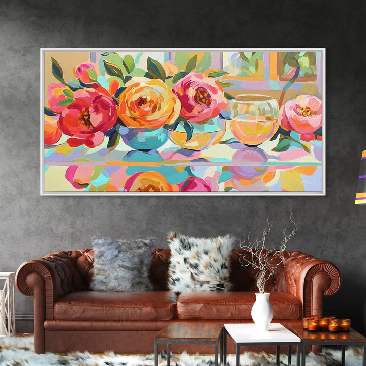 Pink Roses And White Wine Framed Canvas Print, Floral Still Life Wall Art, Romantic Kitchen Decor Gift For Her Dining Room Art