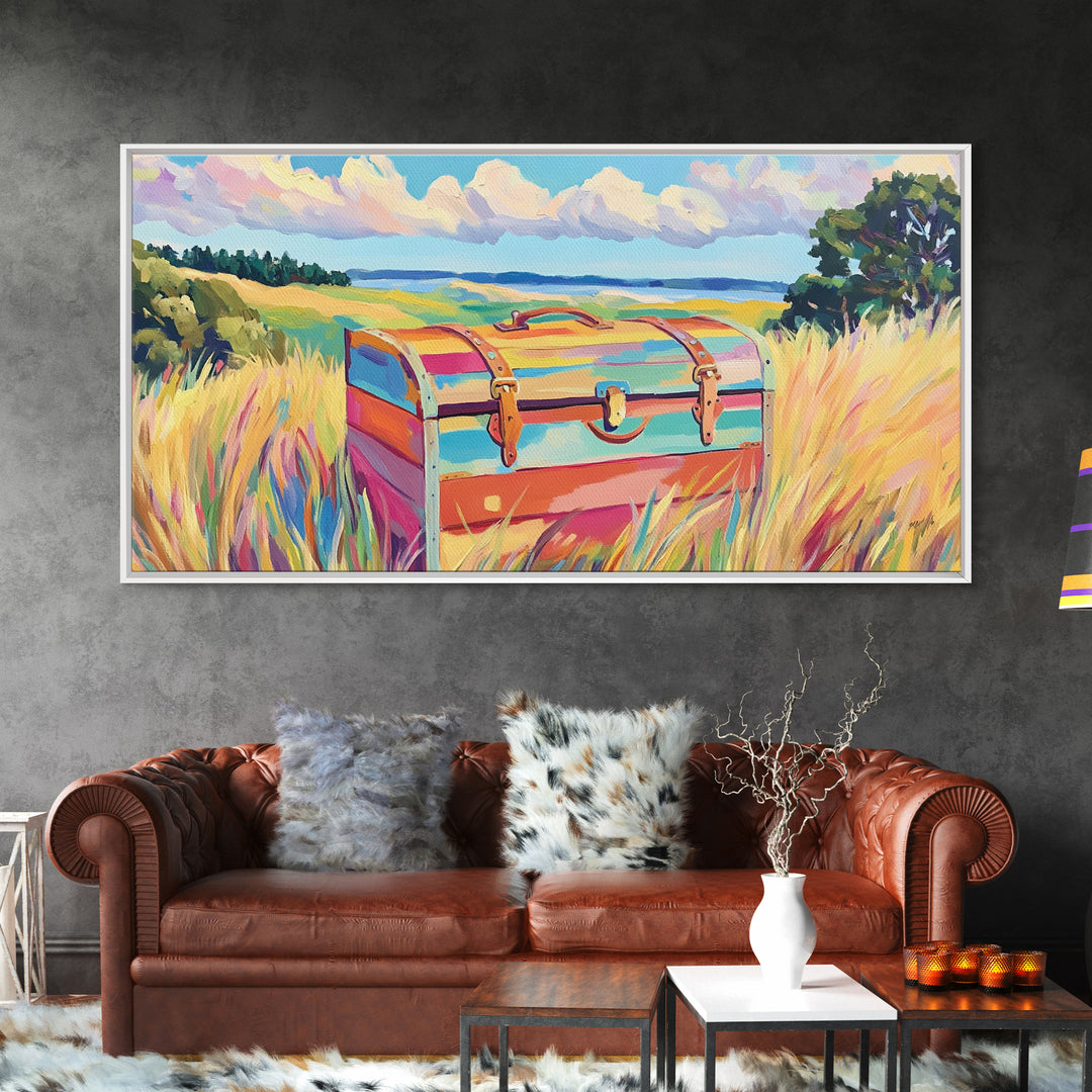 Striped Treasure Chest In Coastal Meadow Framed Canvas Print, Beach House Decor, Colorful Landscape Wall Art, Housewarming Gift