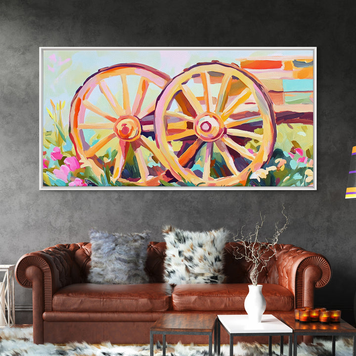 Rustic Wagon Wheels In Flower Garden Framed Canvas Print, Farmhouse Wall Art, Western Decor, Country Landscape Gift For Home