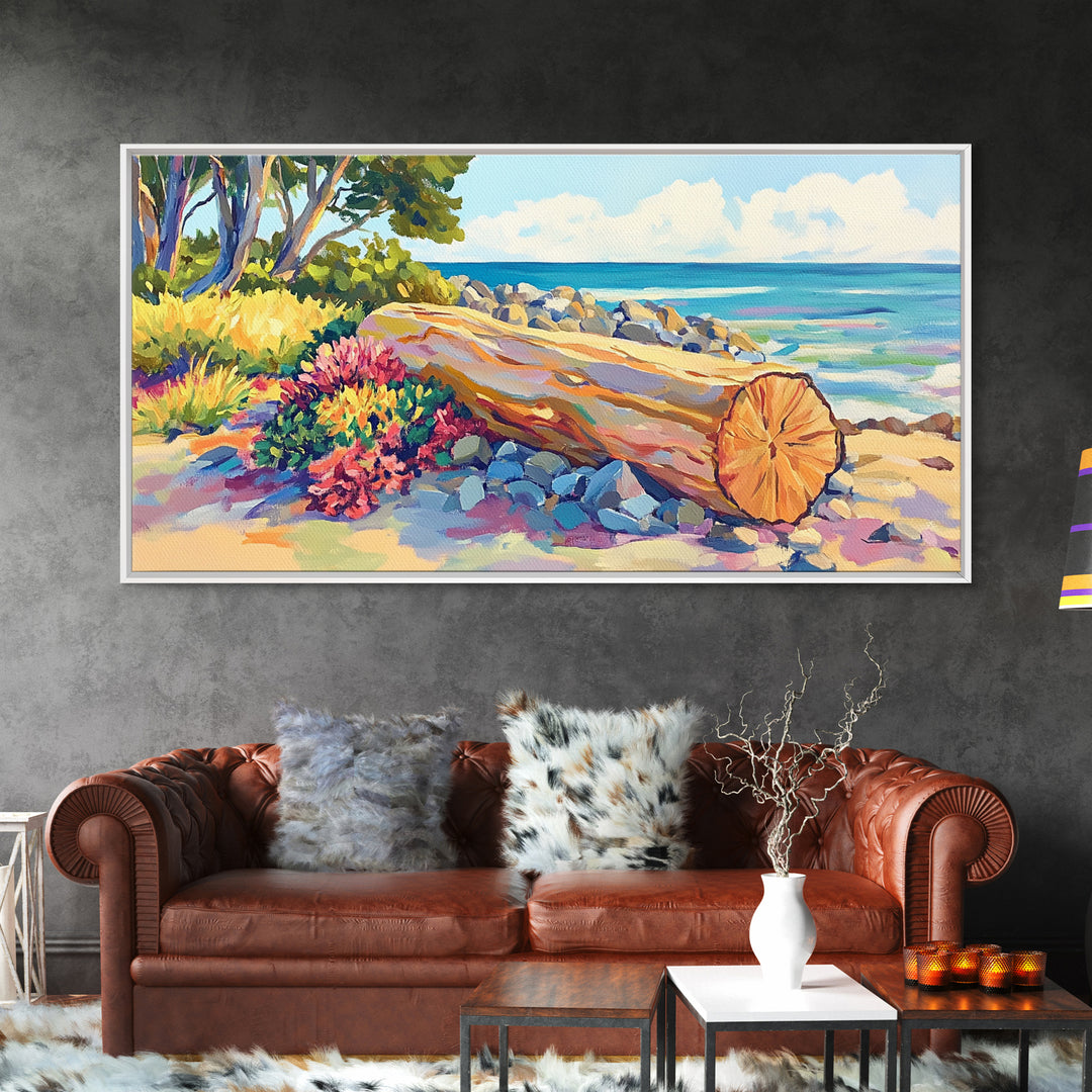 Sunlit Driftwood Beach And Turquoise Ocean Canvas Print, Coastal Wall Art, Seascape Painting, Beach House Decor Gift For Her