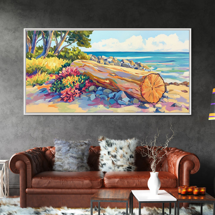 Sunlit Driftwood Beach And Turquoise Ocean Canvas Print, Coastal Wall Art, Seascape Painting, Beach House Decor Gift For Her