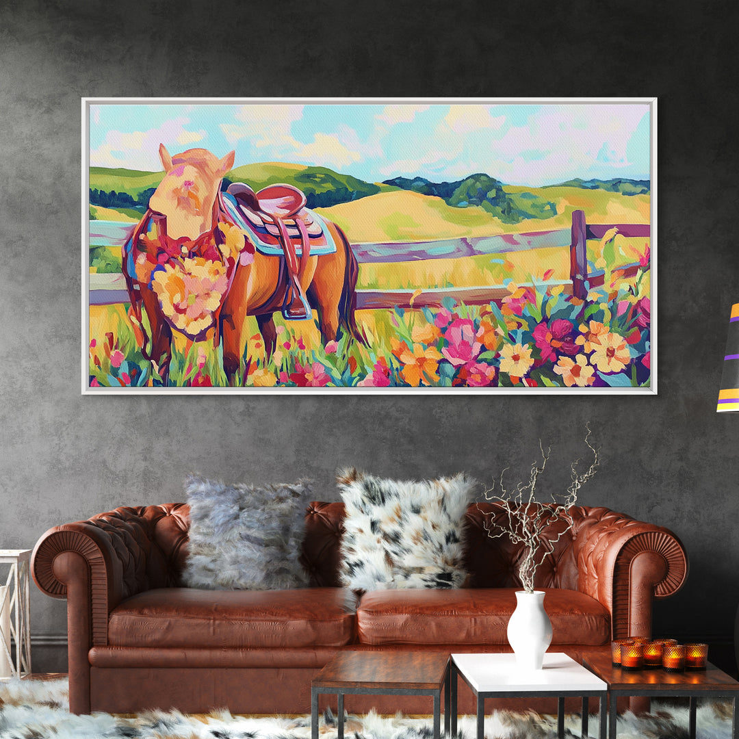 Pasture Horse With Saddle And Wildflowers Framed Canvas Print, Western Wall Art, Country Farmhouse Decor, Horse Lover Gift